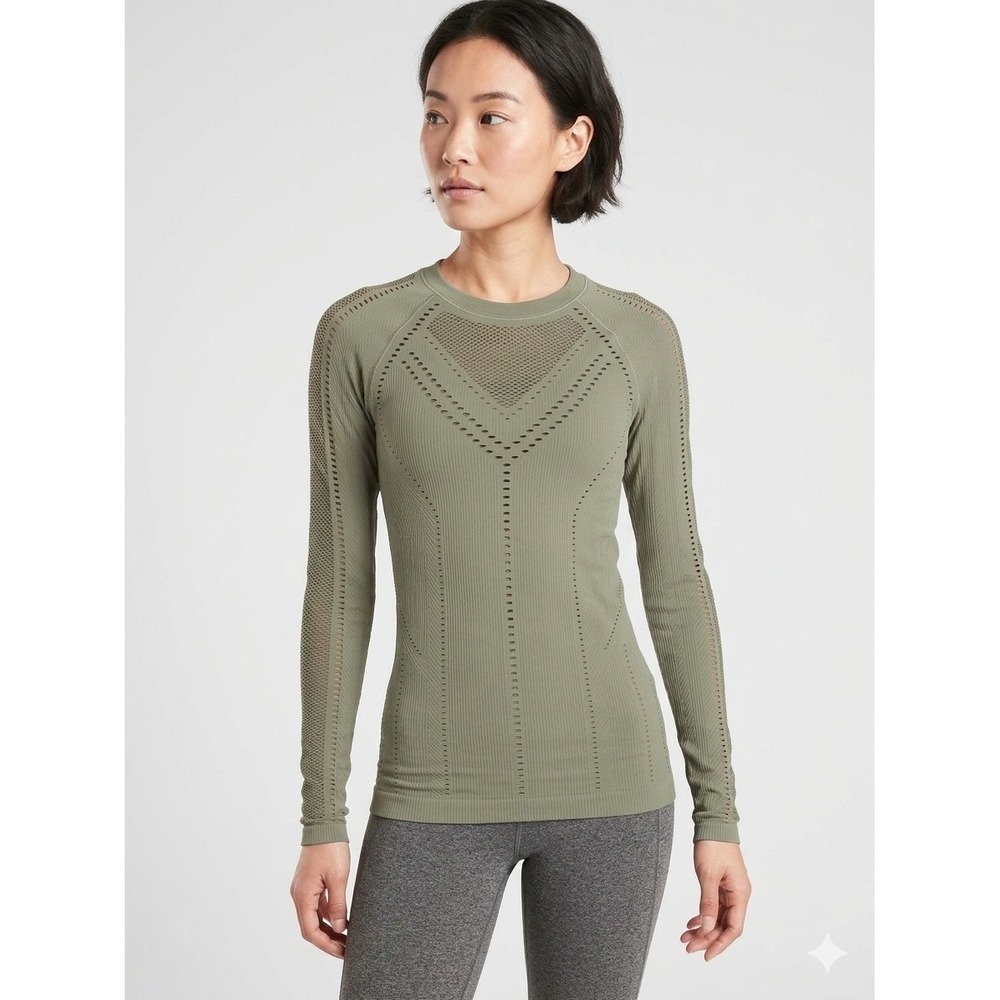 Athleta Oxygen Long Sleeve Top Laurel Olive‎ Mesh Seamless Running Shirt Small